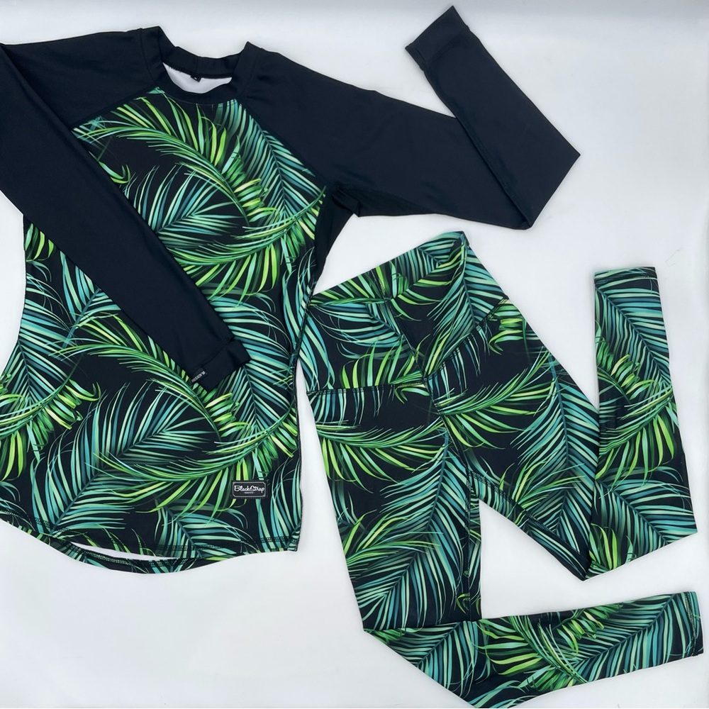 BlackStrap Workout‎ Set Legging Top Long Sleeve Women Black Tropical Palm Small